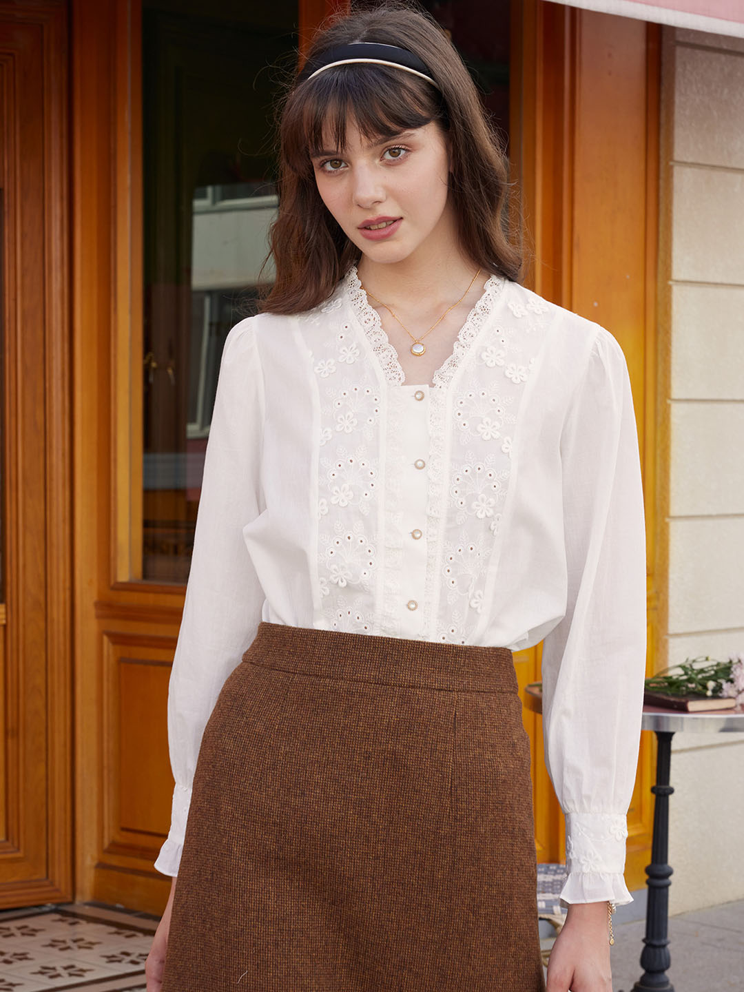 【Final Sale】Nyra Lace Panel Embroidery Ruffle Sleeve Cotton Blouse