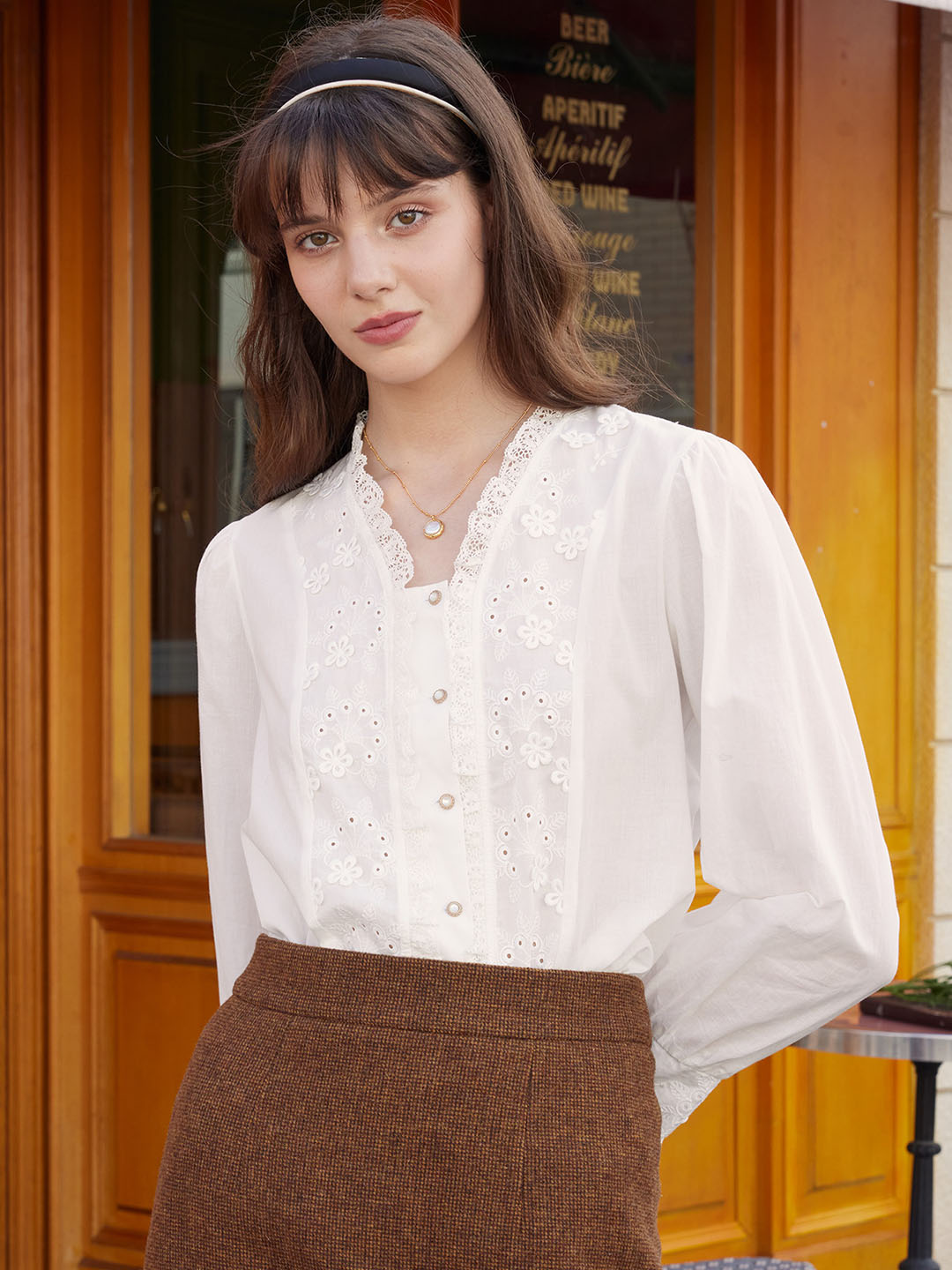 【Final Sale】Nyra Lace Panel Embroidery Ruffle Sleeve Cotton Blouse