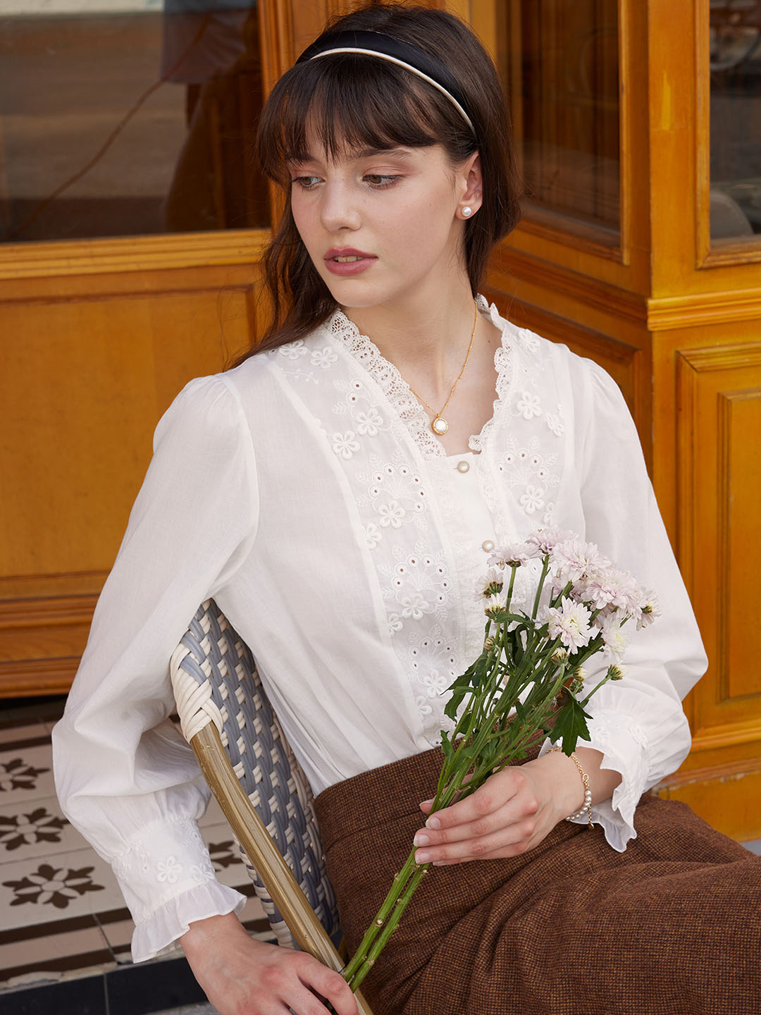 【Final Sale】Nyra Lace Panel Embroidery Ruffle Sleeve Cotton Blouse