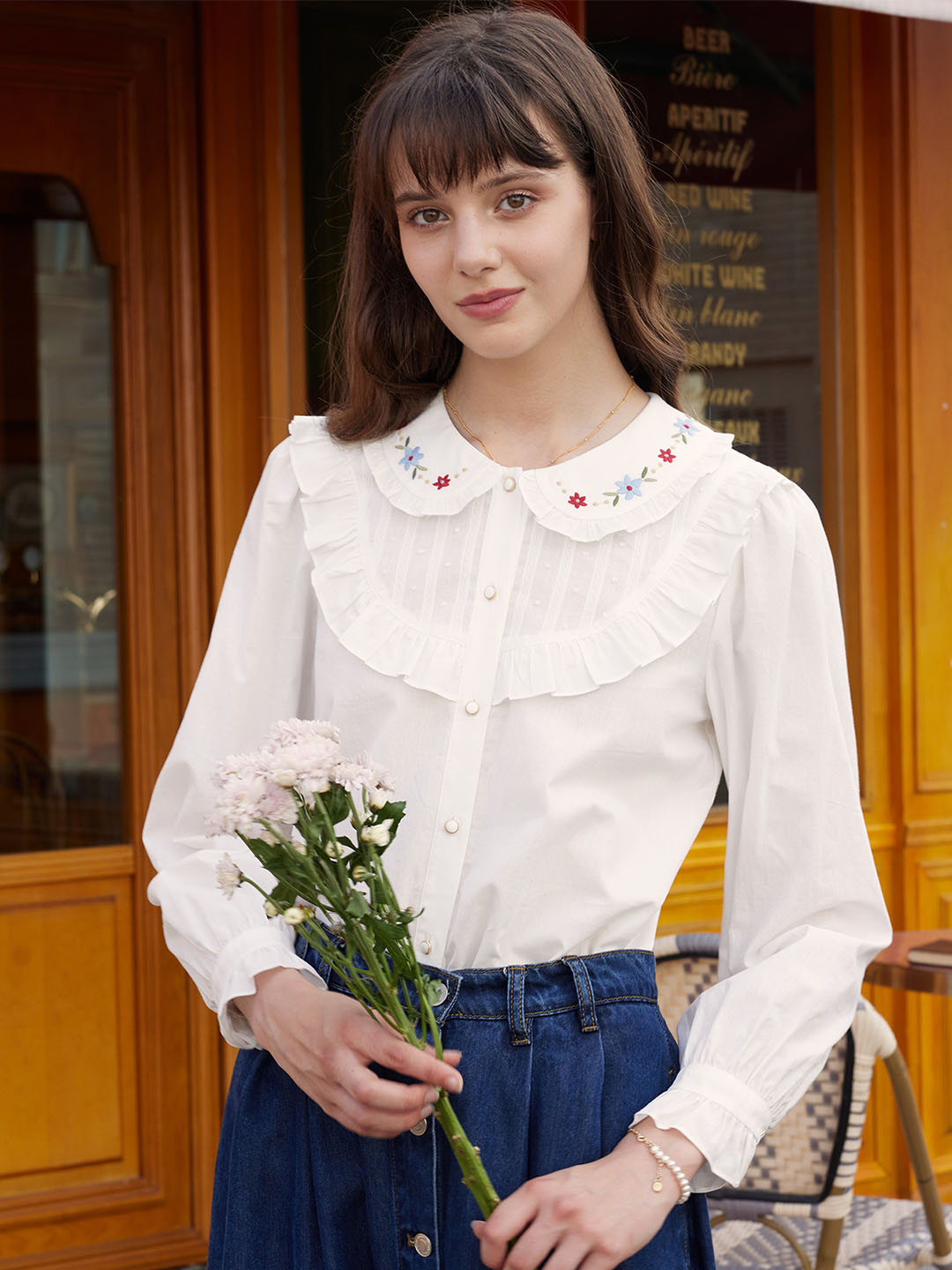 【Final Sale】Nancy Floral Embroidered Doll Neck Cotton Blouse