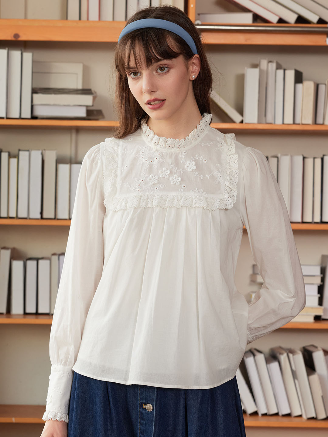 Keily Frill Trim Mock Neck Embroidered Cotton Blouse