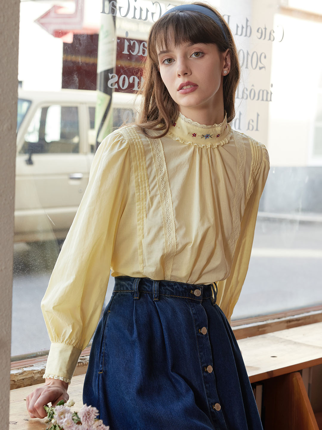 【Final Sale】Aylin Mock Neck Embroidered Shirt