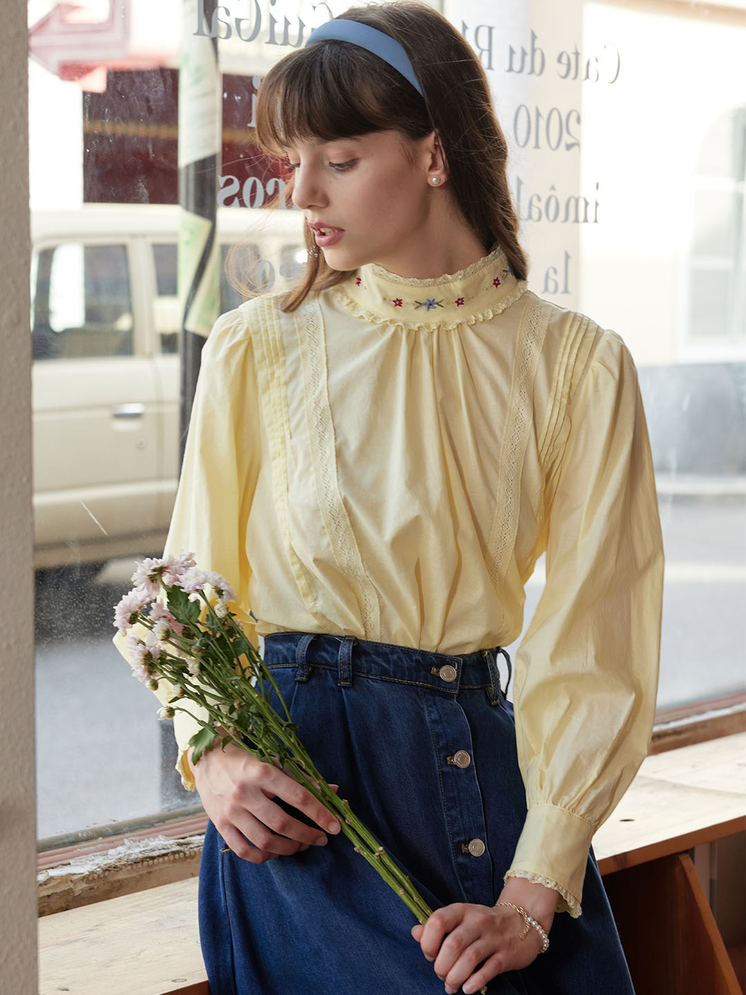 【Final Sale】Aylin Mock Neck Embroidered Shirt