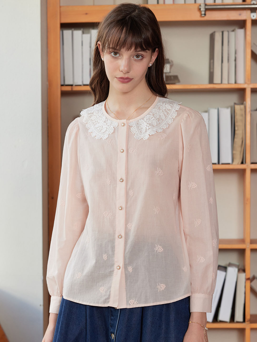 【Final Sale】Neriah Raspberry Embroidered Peter Pan Collar Cotton Blouse