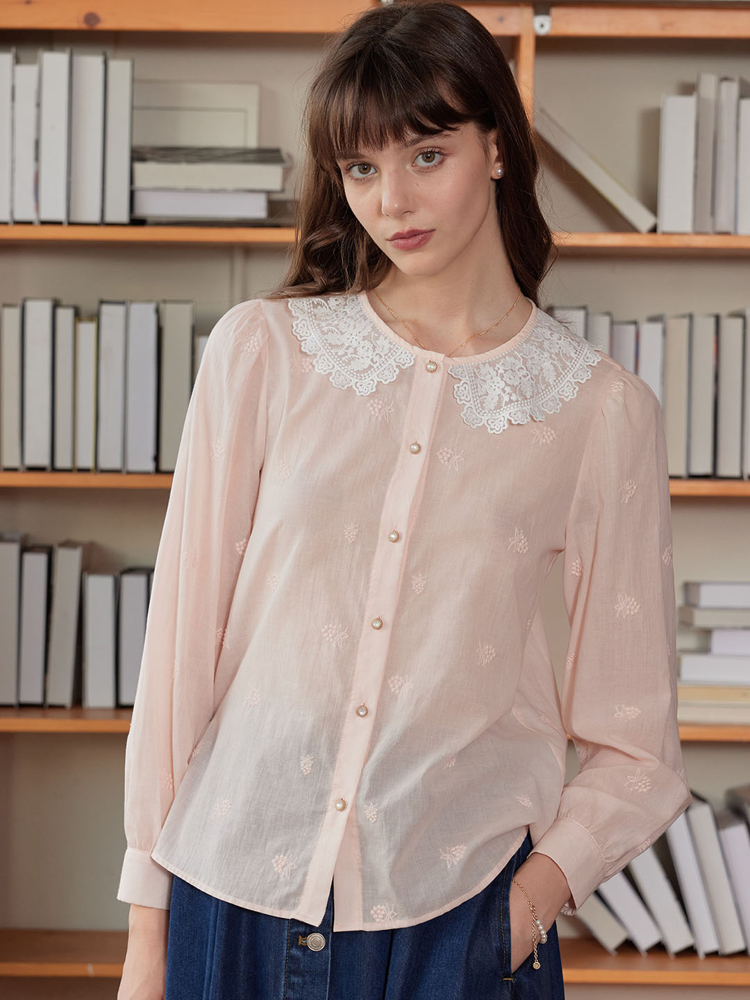 【Final Sale】Neriah Raspberry Embroidered Peter Pan Collar Cotton Blouse