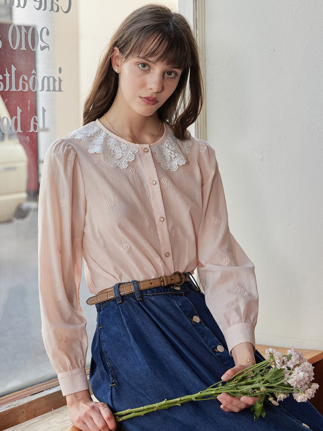 【Final Sale】Neriah Raspberry Embroidered Peter Pan Collar Cotton Blouse