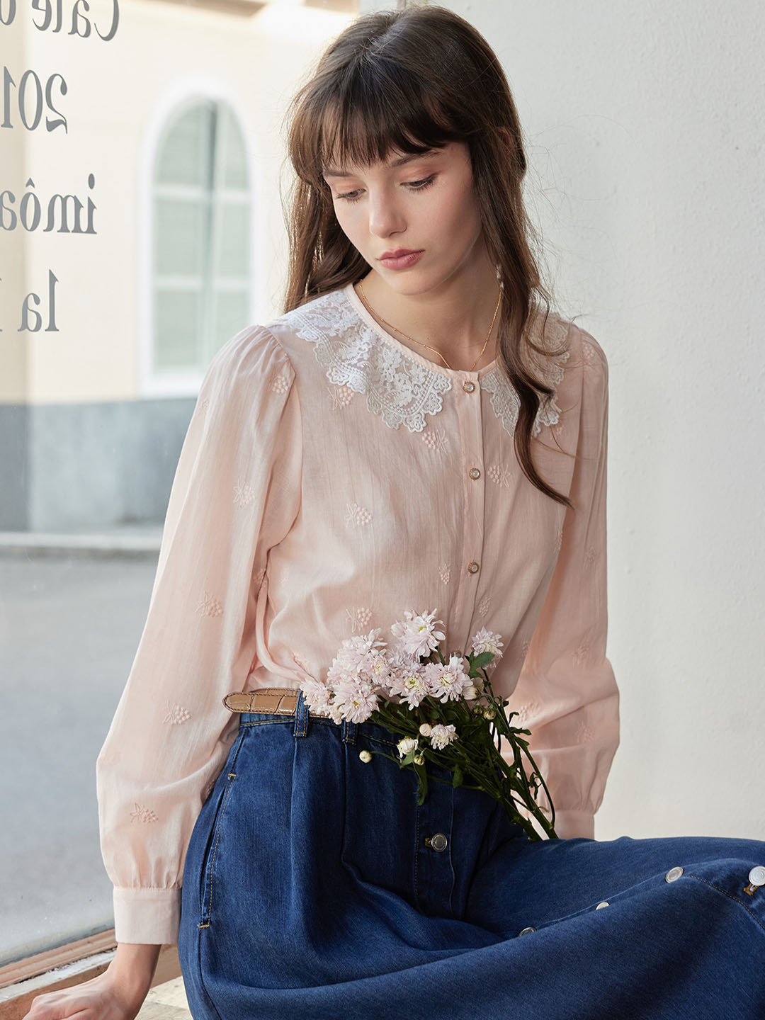 【Final Sale】Neriah Raspberry Embroidered Peter Pan Collar Cotton Blouse