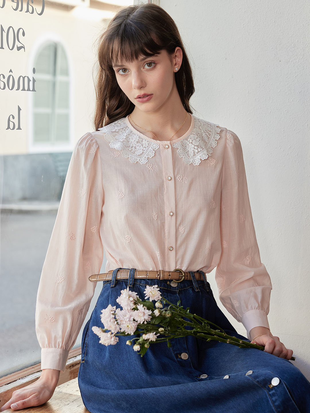 【Final Sale】Neriah Raspberry Embroidered Peter Pan Collar Cotton Blouse