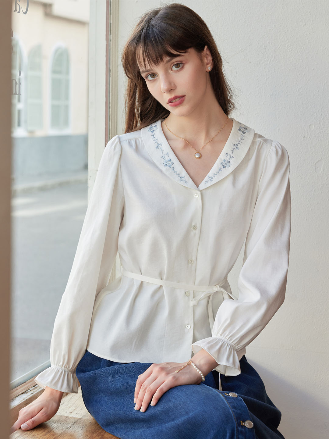 【Final Sale】Luella Sweet Embroidered Small Lapel Shirt