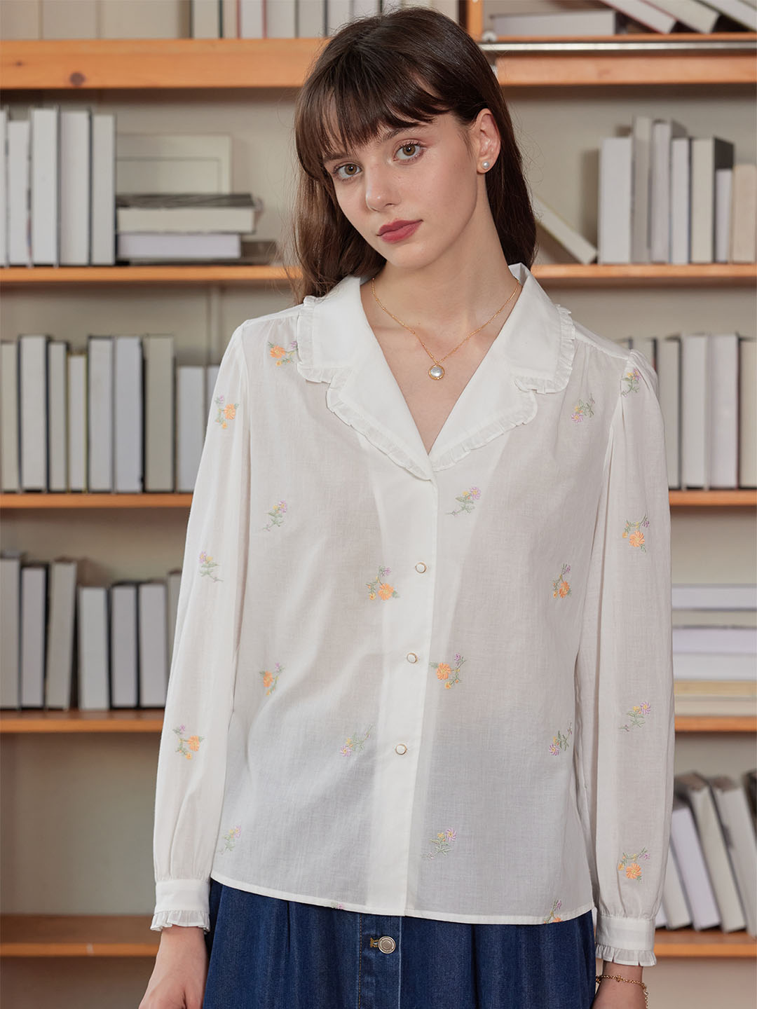 【Final Sale】Elsa Daisy Embroidered Lapel Collar Cotton Blouse