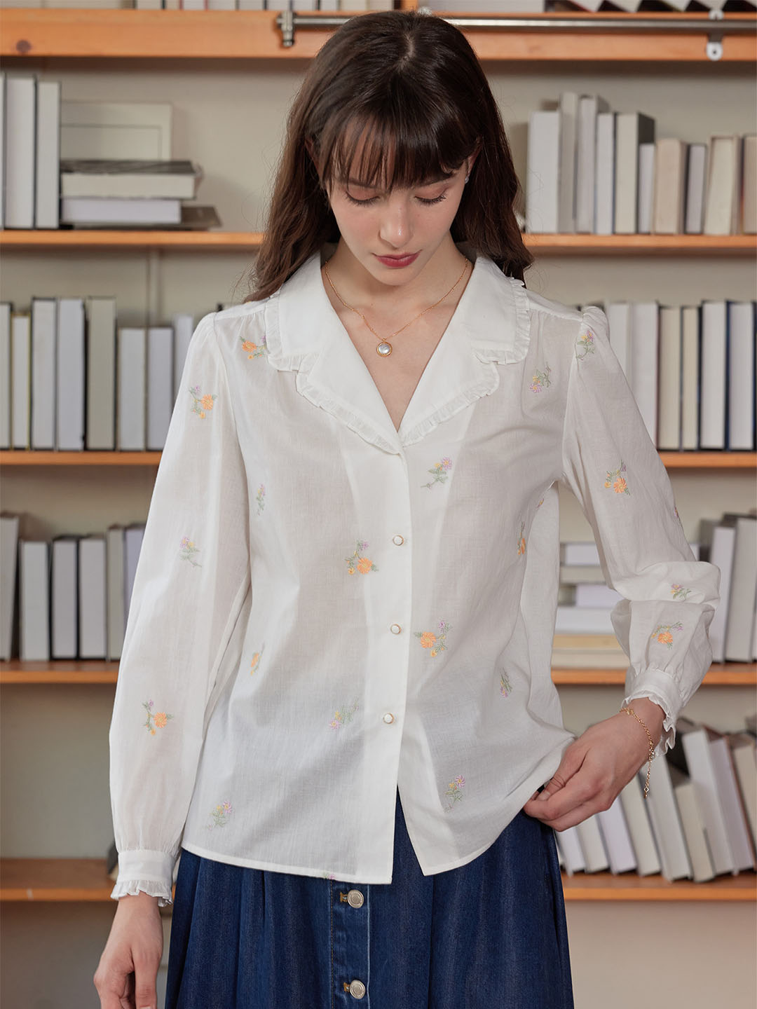 【Final Sale】Elsa Daisy Embroidered Lapel Collar Cotton Blouse