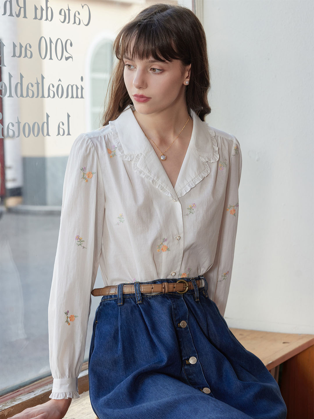 【Final Sale】Elsa Daisy Embroidered Lapel Collar Cotton Blouse