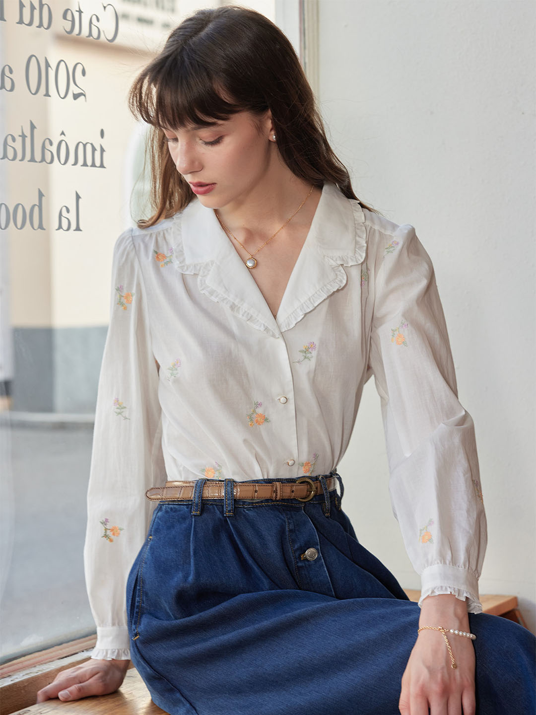 【Final Sale】Elsa Daisy Embroidered Lapel Collar Cotton Blouse