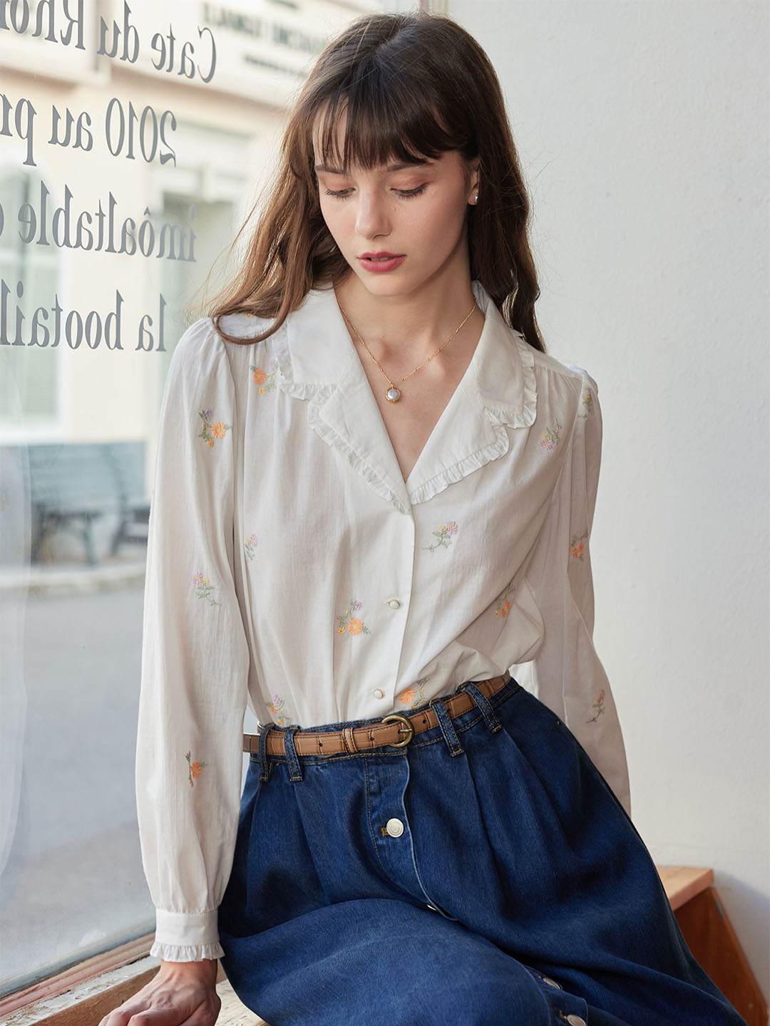 【Final Sale】Elsa Daisy Embroidered Lapel Collar Cotton Blouse