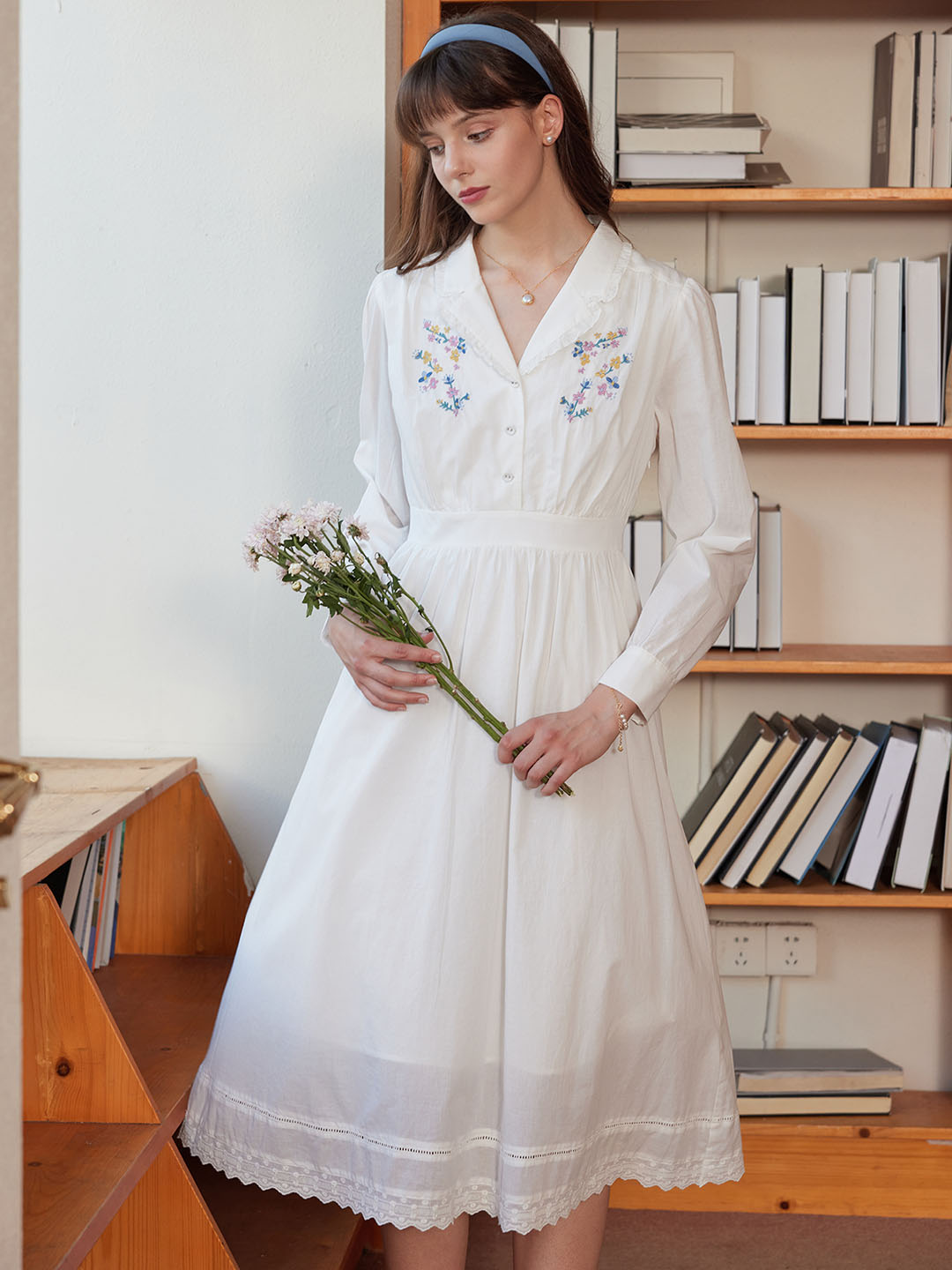 【Final Sale】Rowyn Floral Embroidery Lapel Collar Cotton Dress