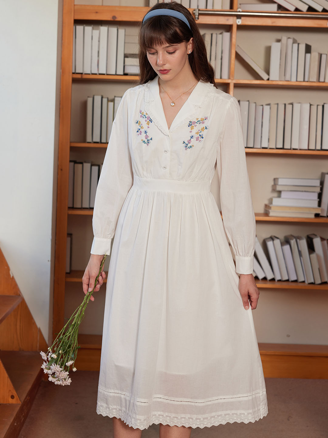 【Final Sale】Rowyn Floral Embroidery Lapel Collar Cotton Dress