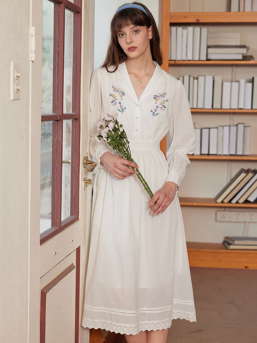 【Final Sale】Rowyn Floral Embroidery Lapel Collar Cotton Dress