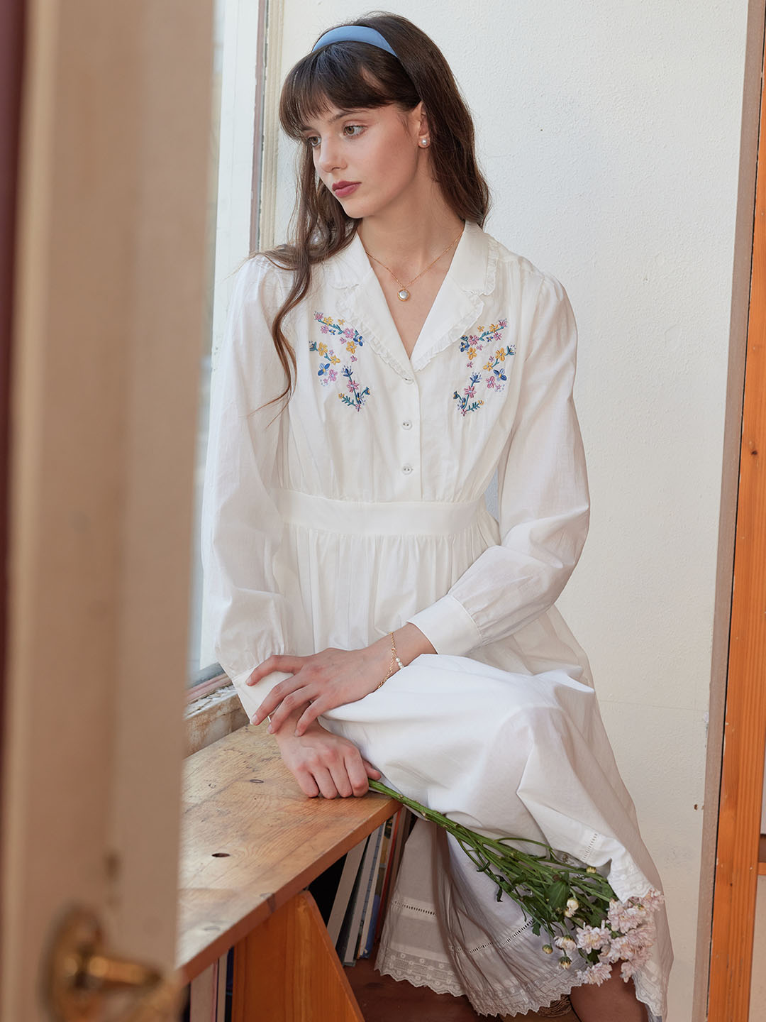 【Final Sale】Rowyn Floral Embroidery Lapel Collar Cotton Dress