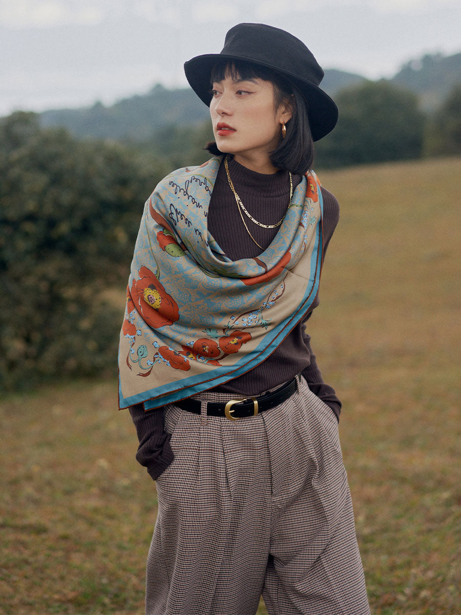 Chowxiaodou Rose Print Twill Silk Square Scarf-Bronze Blue