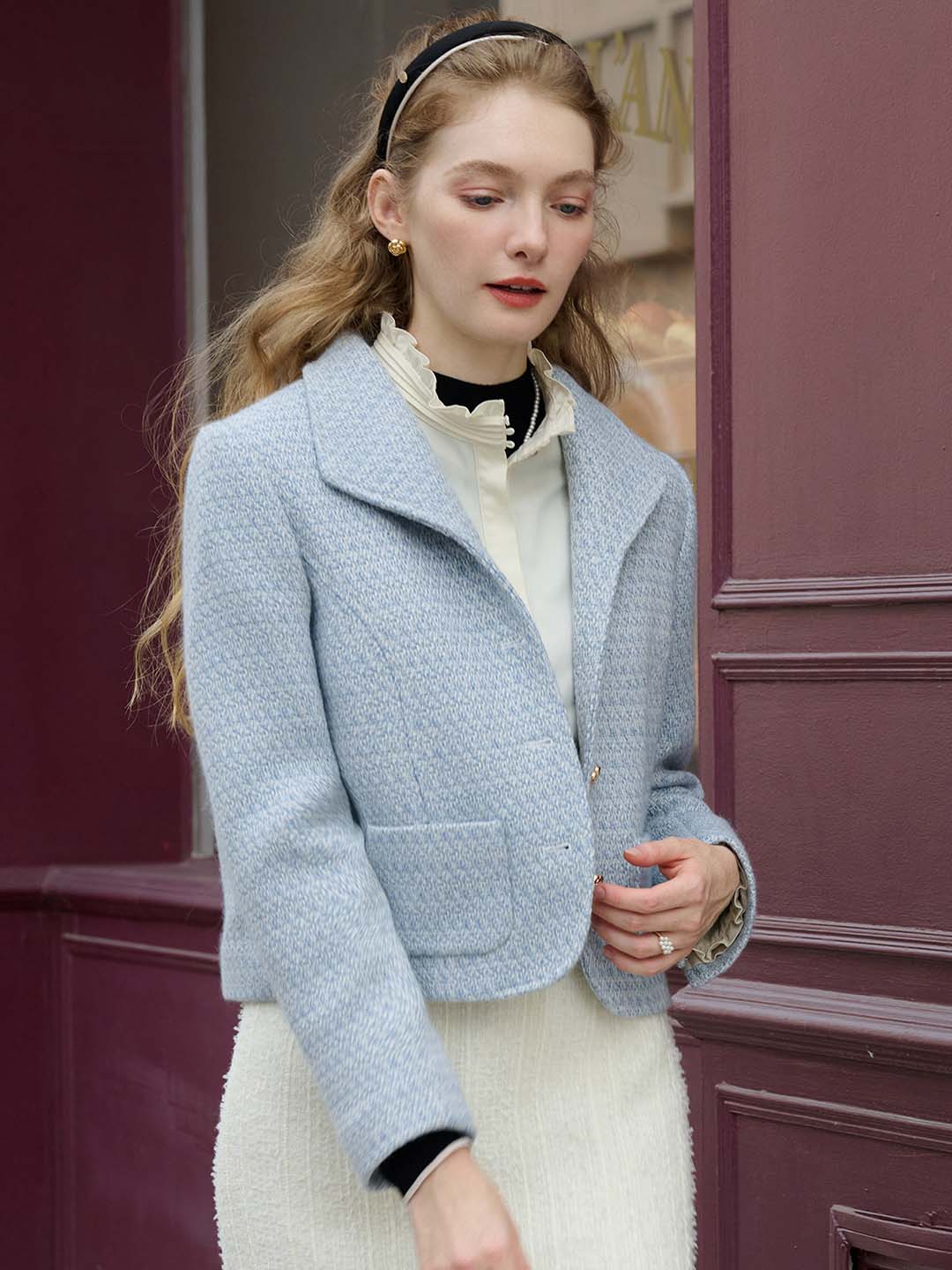 Sophia Simple Lapel Tweed Baby Blue Jacket