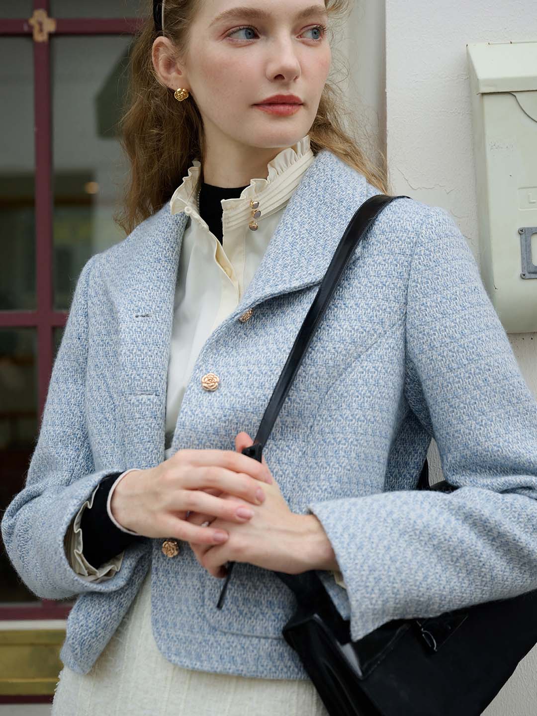 Sophia Simple Lapel Tweed Baby Blue Jacket