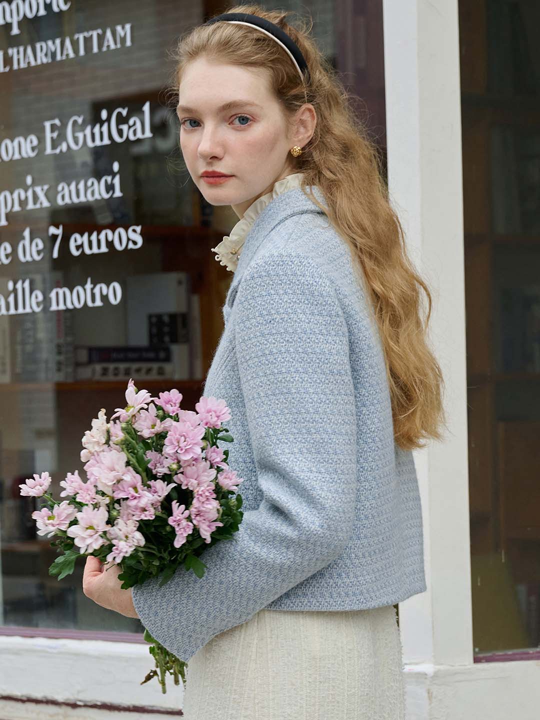 Sophia Simple Lapel Tweed Baby Blue Jacket