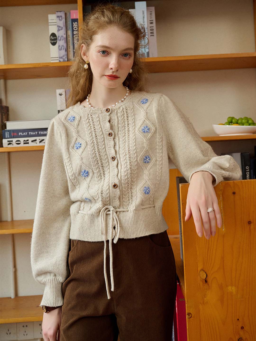 Willow Floral Embroidery Lantern Sleeve Knot Hem Knit Cardigan