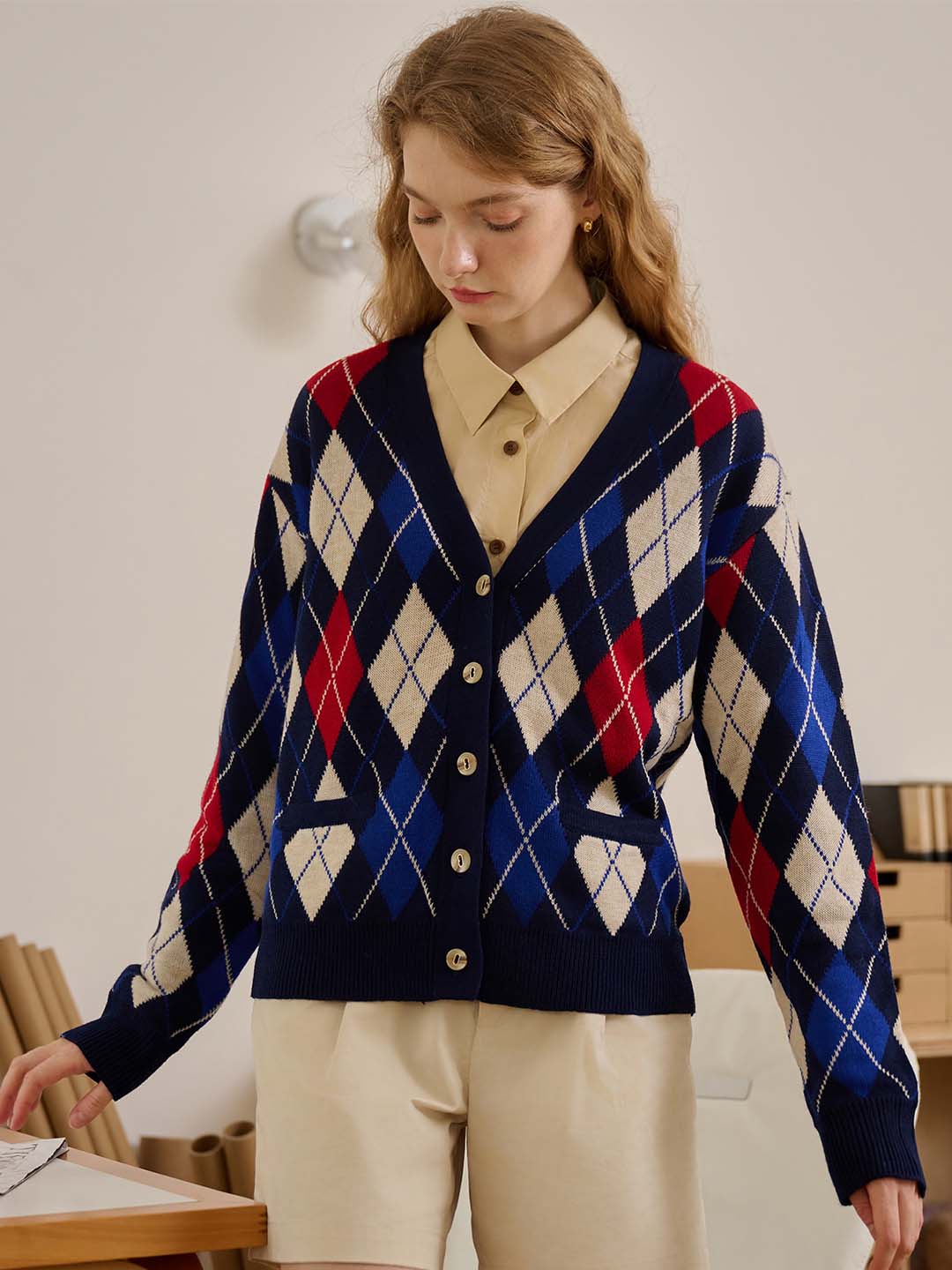 【Final Sale】Jolene Argyle Patterned Dark Blue Knit Cardigan