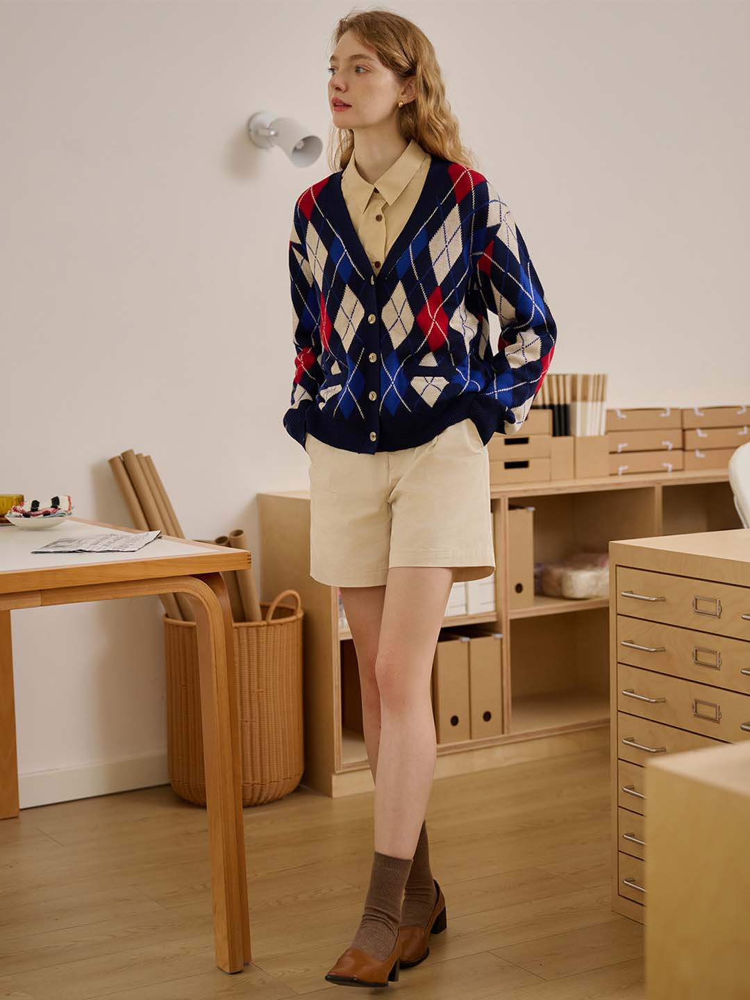 【Final Sale】Jolene Argyle Patterned Dark Blue Knit Cardigan