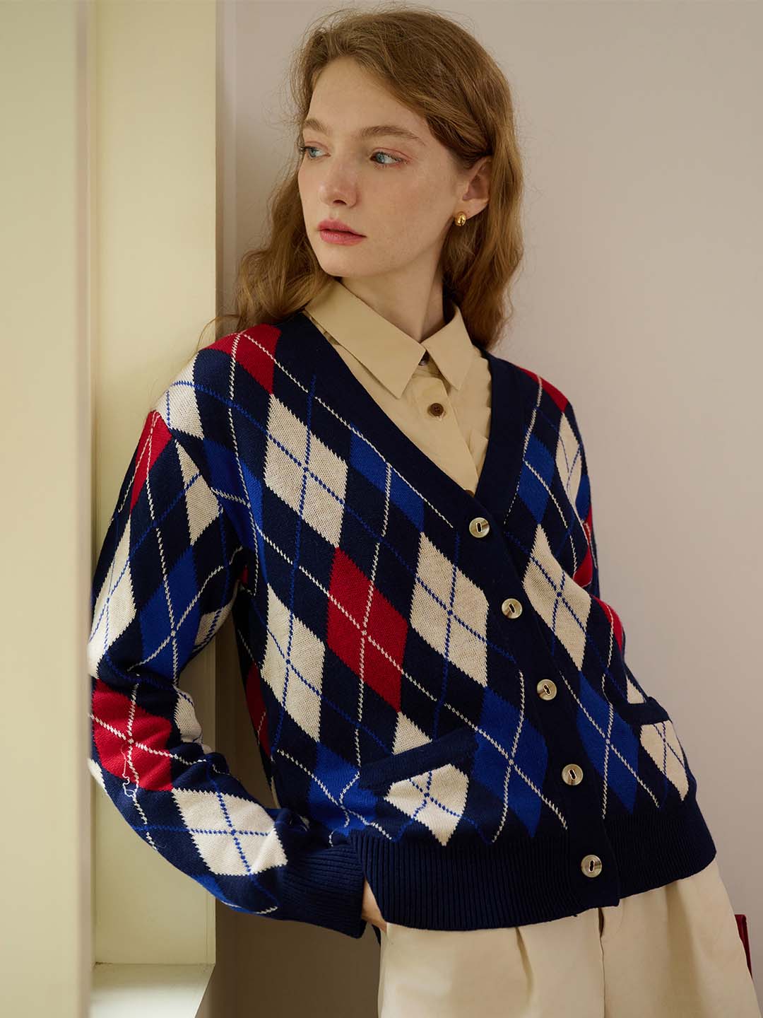 【Final Sale】Jolene Argyle Patterned Dark Blue Knit Cardigan