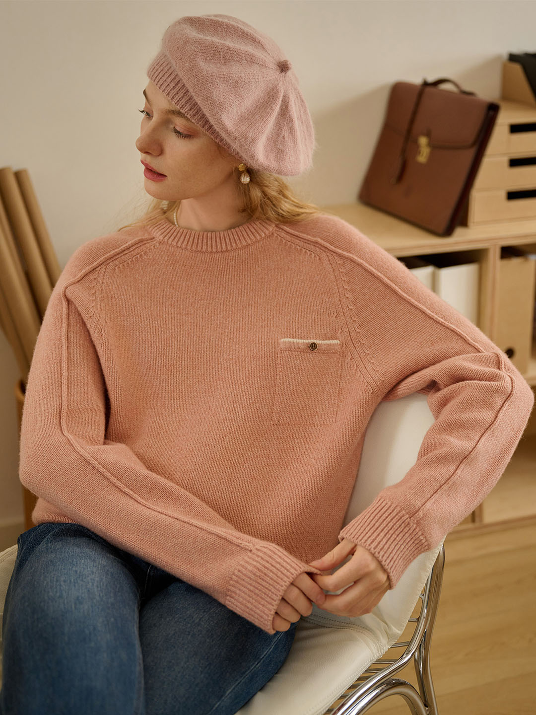 【Final Sale】Natalie Solid Raglan Sleeve Pocket Patched 100% Wool Sweater