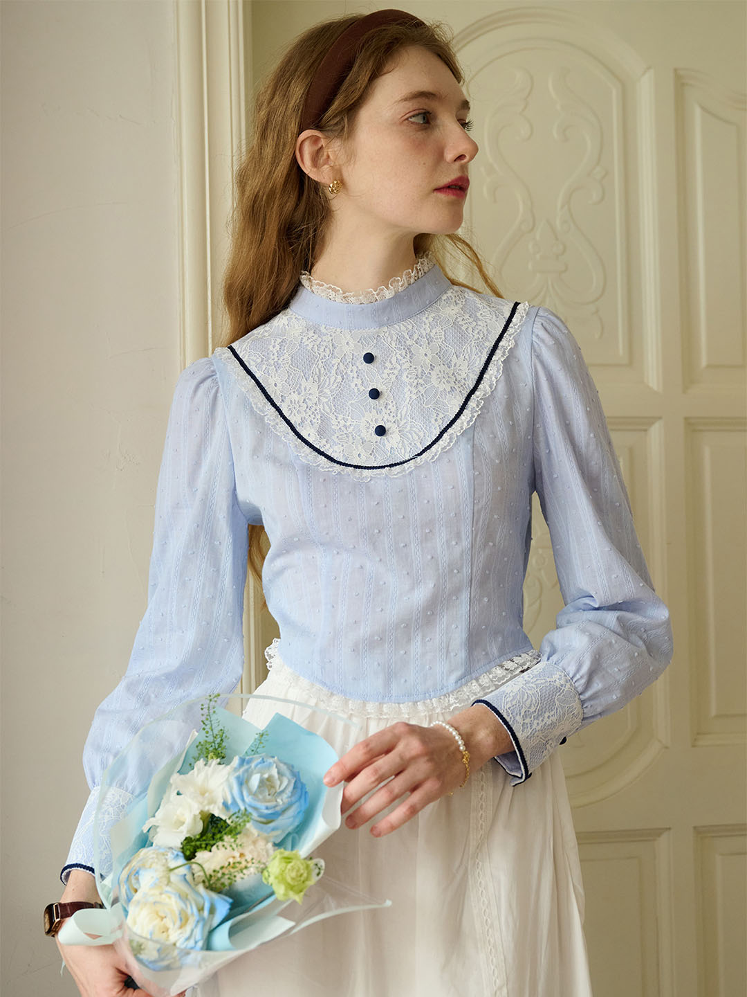 【Final Sale】Kaylee Sweet Mock Neck Lace Patchwork Blouse