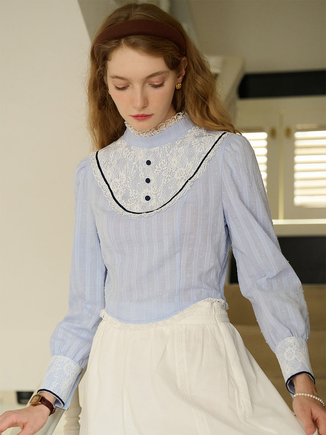 【Final Sale】Kaylee Sweet Mock Neck Lace Patchwork Blouse