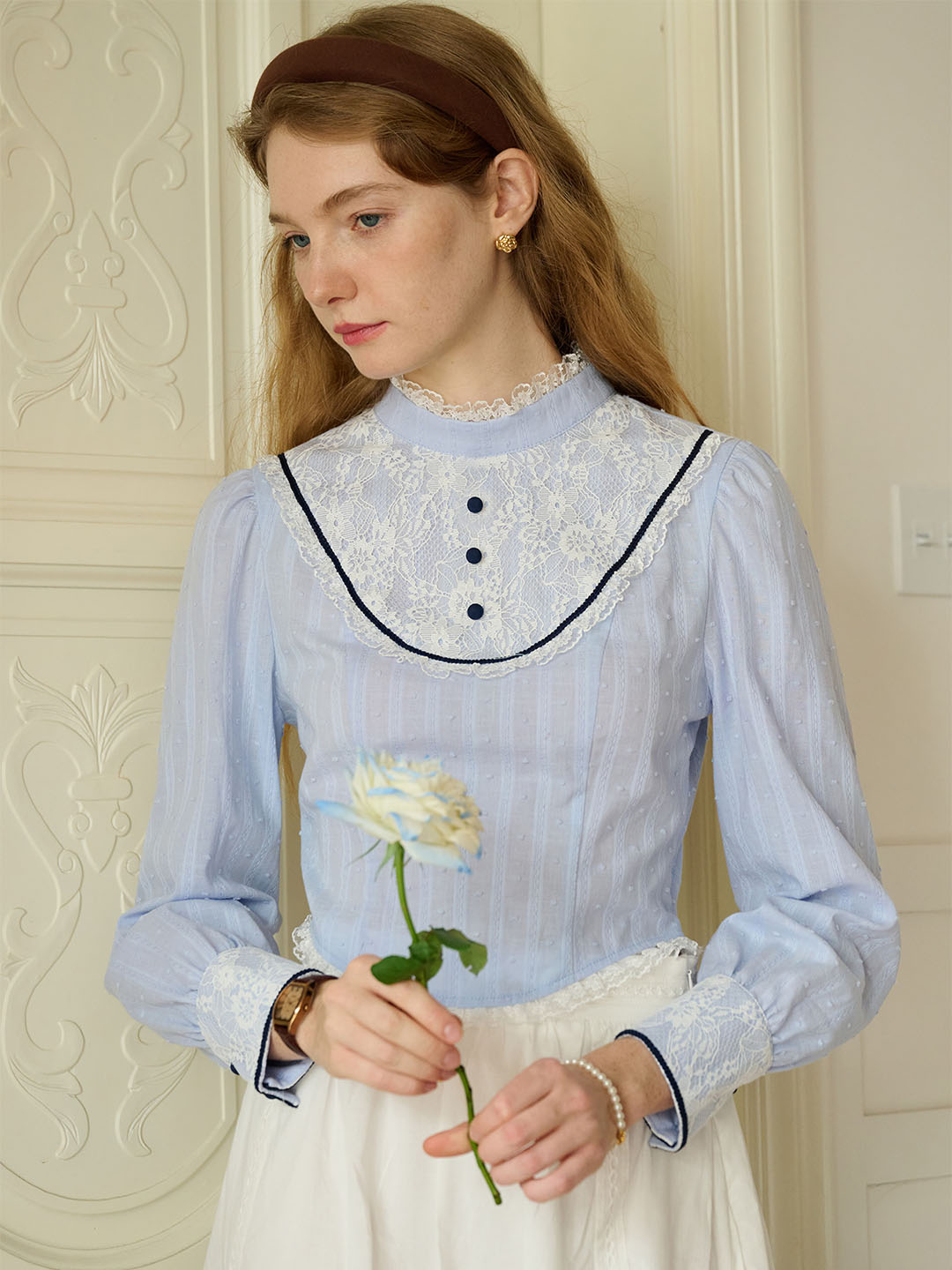 【Final Sale】Kaylee Sweet Mock Neck Lace Patchwork Blouse