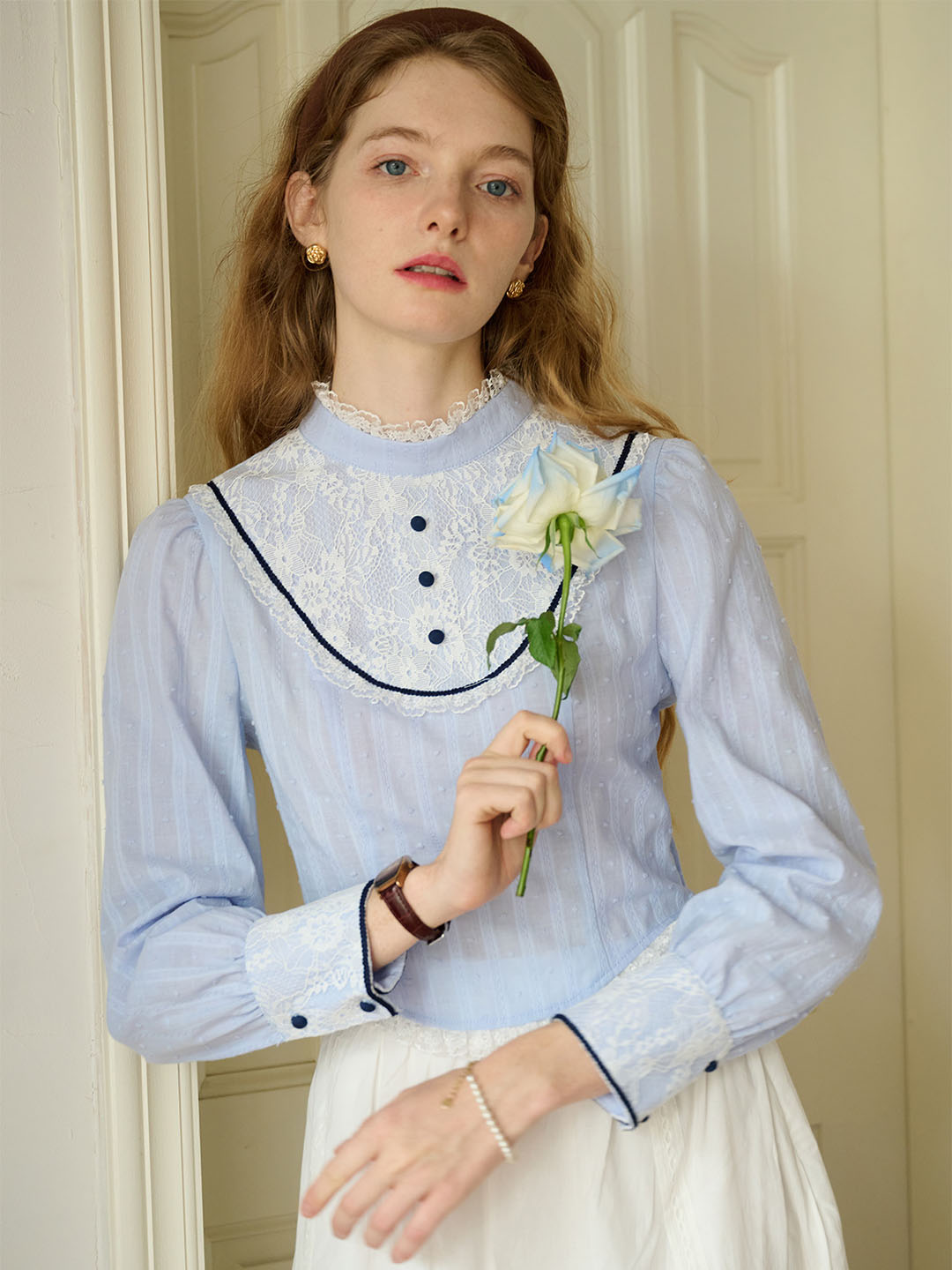 【Final Sale】Kaylee Sweet Mock Neck Lace Patchwork Blouse