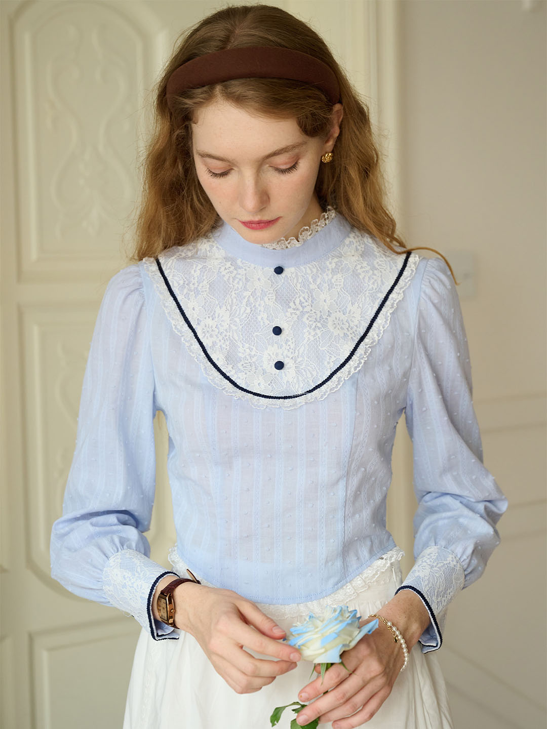 【Final Sale】Kaylee Sweet Mock Neck Lace Patchwork Blouse