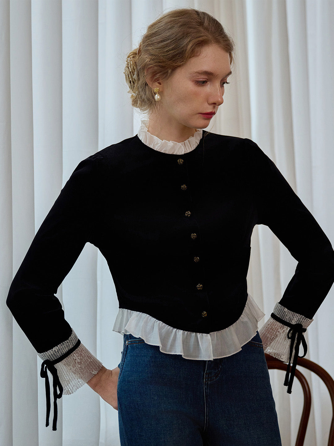 【Final Sale】Alice Contrast Lace Ruffle Trim Velvet Blouse