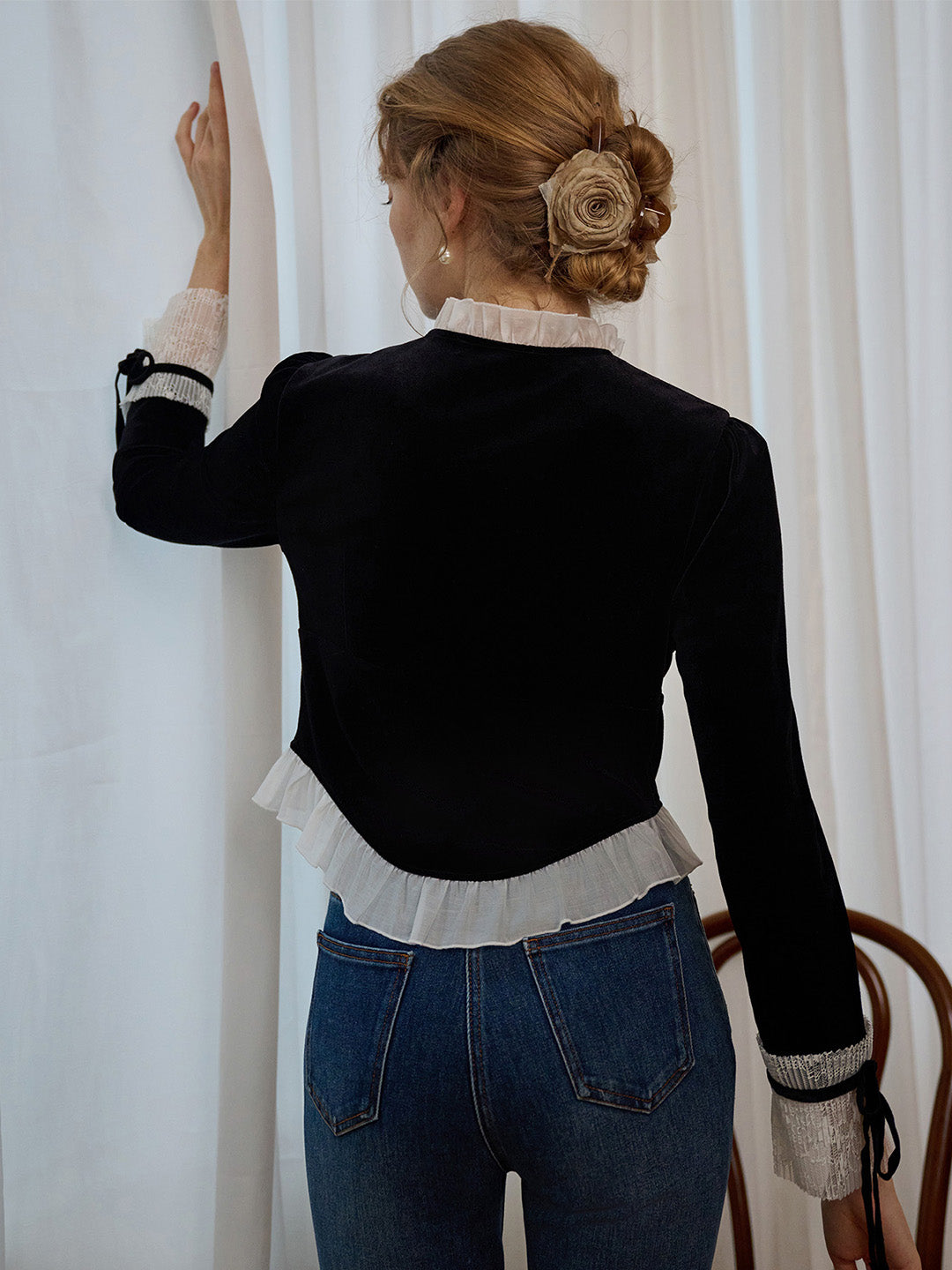 【Final Sale】Alice Contrast Lace Ruffle Trim Velvet Blouse