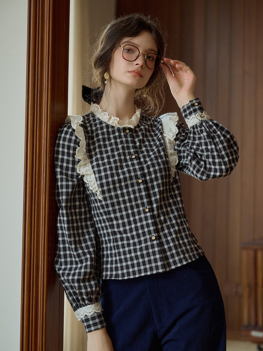 Chelsea Retro Black & White Plaid Mock Neck Contrast Lace Paneling Blouse