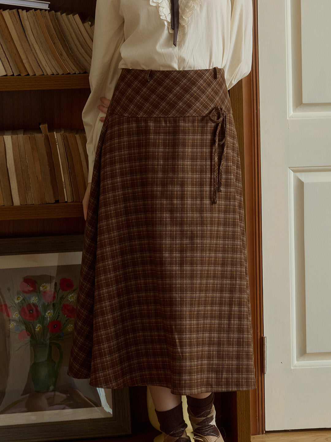 Adalee Vintage Brown Plaid Bow A-Line Skirt