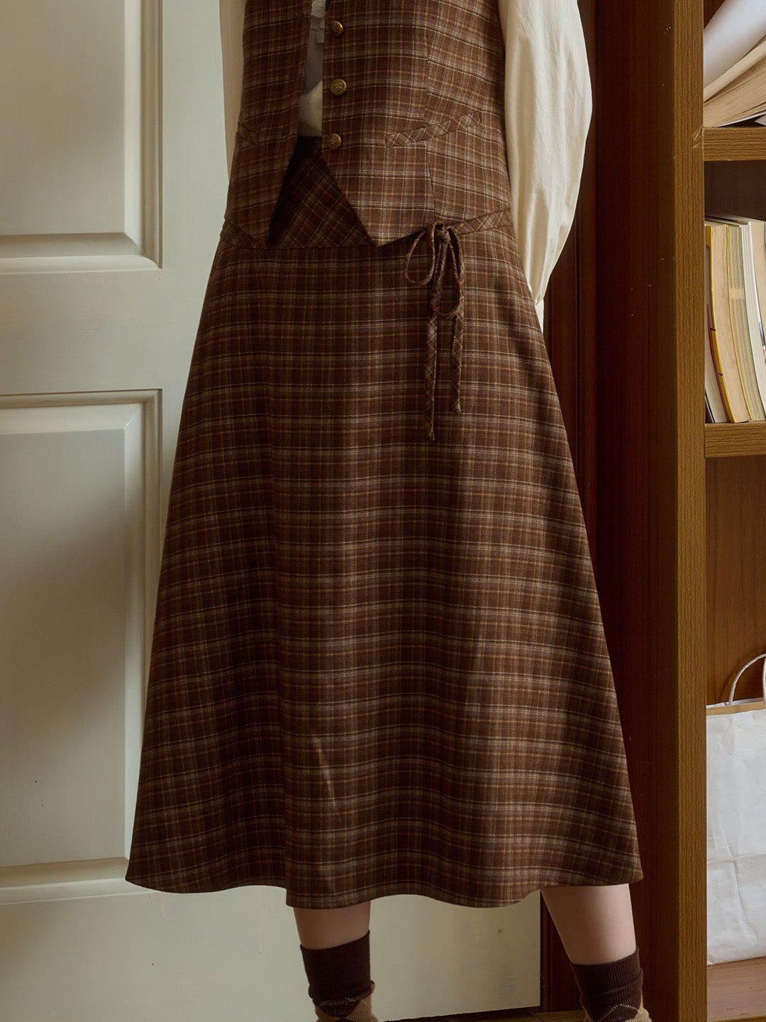 Adalee Vintage Brown Plaid Bow A-Line Skirt