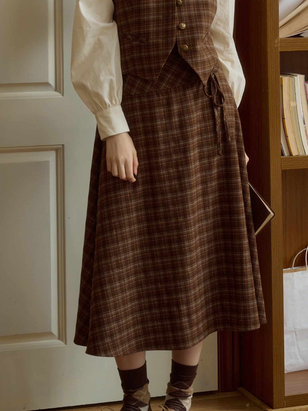 Adalee Vintage Brown Plaid Bow A-Line Skirt