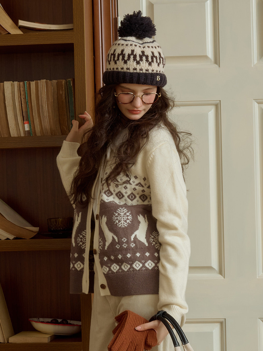 Giana SR Exclusive Cat & Snowflake Jacquard Round Neck Fair Isle Cardigan (With Scarf)