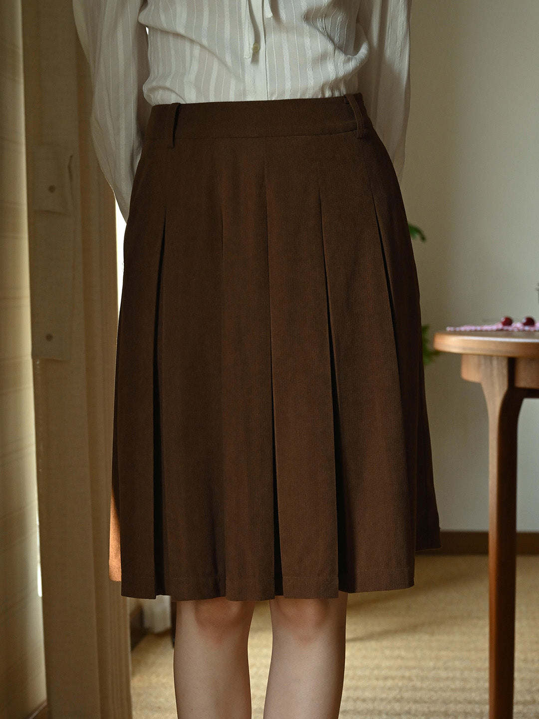 Angie Vintage Corduroy Pleated A-Line Skirt - Brown