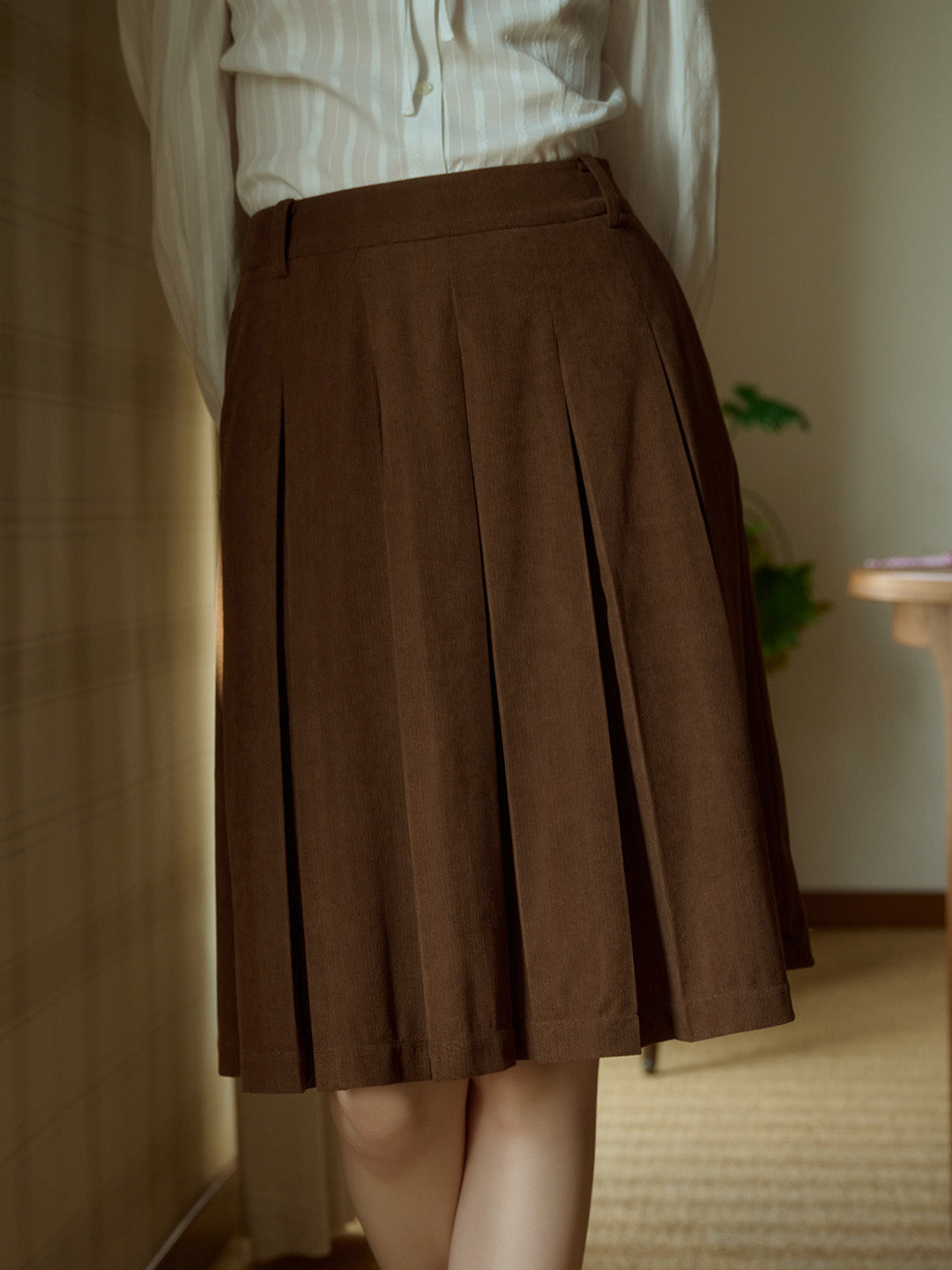 Angie Vintage Corduroy Pleated A-Line Skirt - Brown