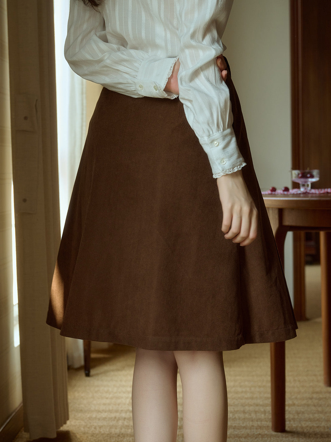 Angie Vintage Corduroy Pleated A-Line Skirt - Brown