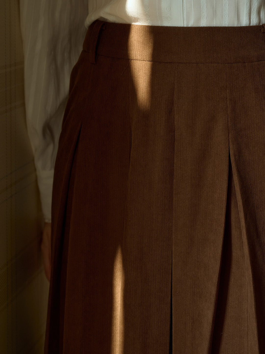 Angie Vintage Corduroy Pleated A-Line Skirt - Brown