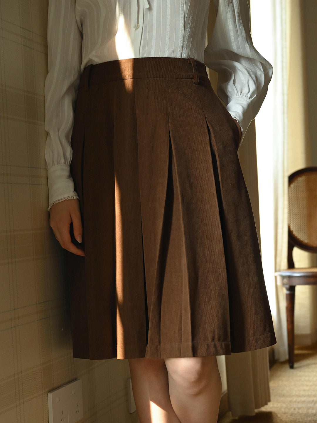 Angie Vintage Corduroy Pleated A-Line Skirt - Brown