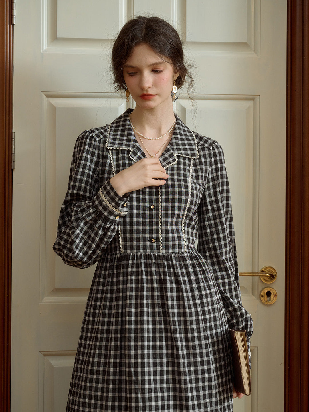 Chana French Vintage Black & White Plaid Lapel Lace Paneling Dress