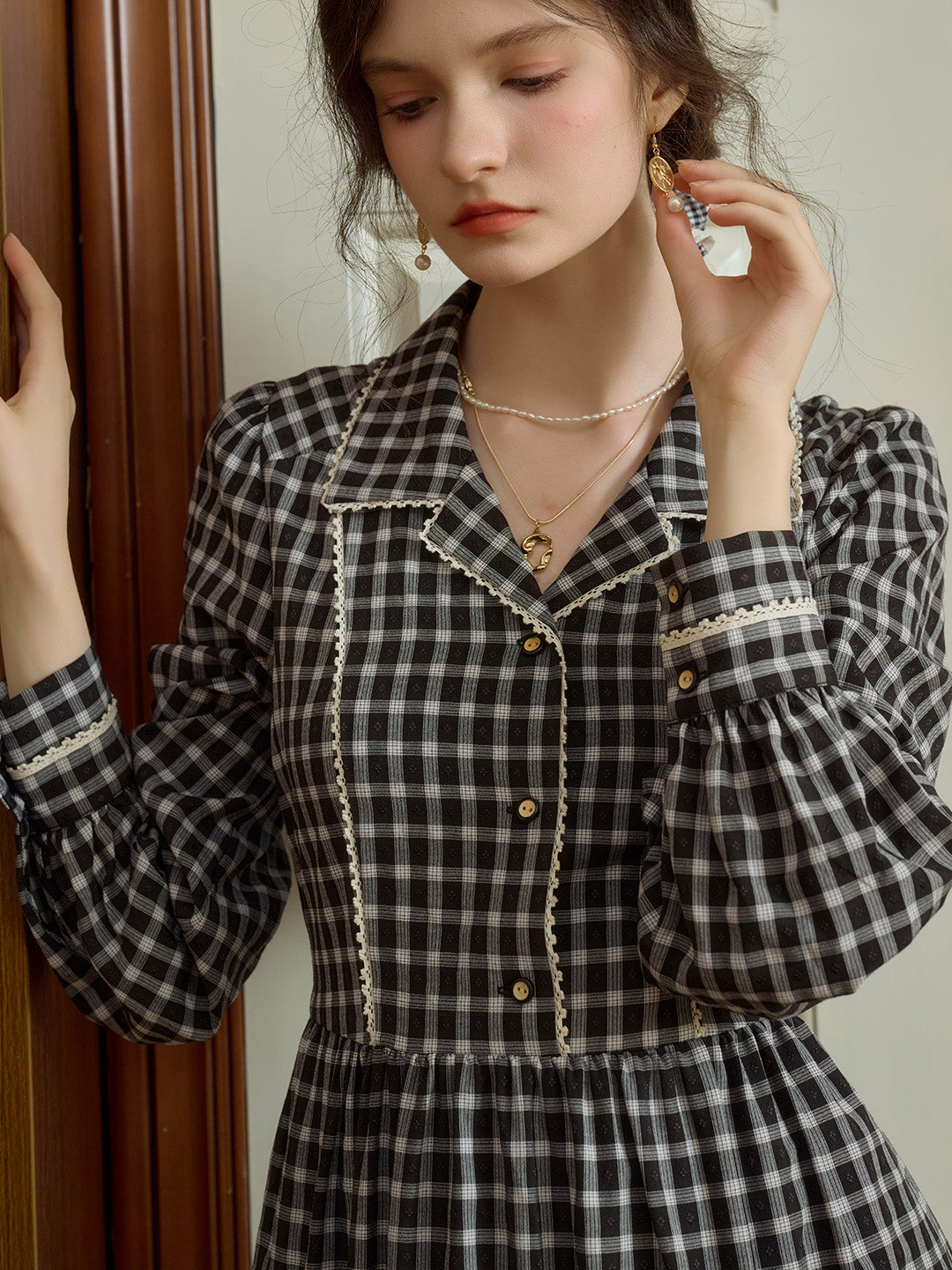 Chana French Vintage Black & White Plaid Lapel Lace Paneling Dress